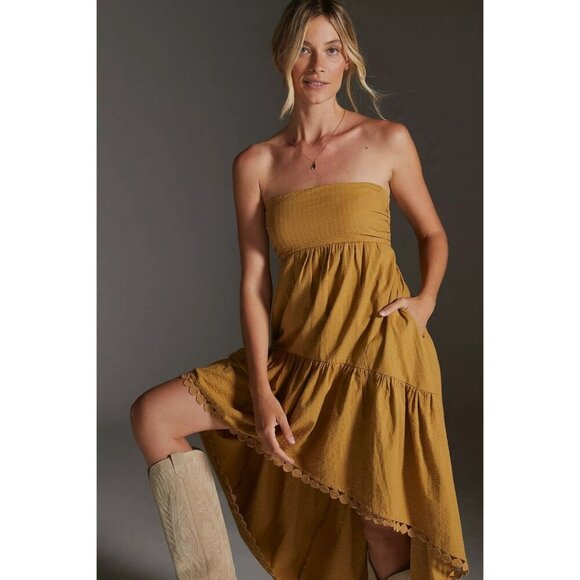 Anthropologie Maeve High Low Midi Dress Strapless Tiered Boho Gold Size XL New - Picture 12 of 12